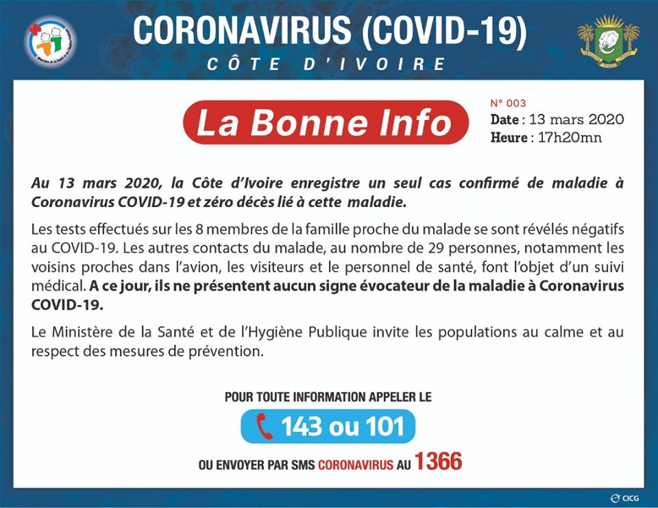 Coronavirus: les  membres de la famille de l'Ivoirien contaminé ont été déclarés négatifs aux différents tests.