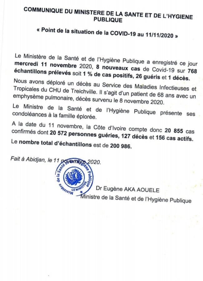 Point de la situation de la COVID-19 au 11/11/2020