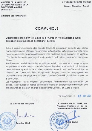 Réalisation d'un test COVID-19 à l'Aéroport FHB d'Abidjan pour les passagers en provenance de Dakar et de Tunis