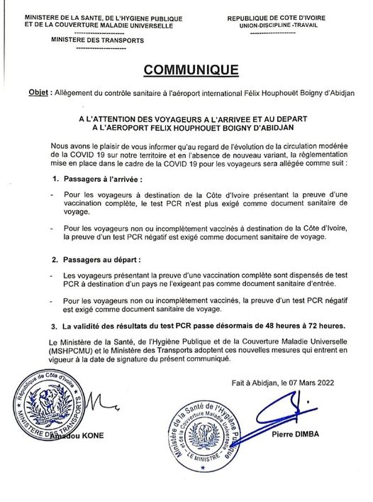 A L'ATTENTION DES VOYAGEURS À L'ARRIVÉE ET AU DÉPART À L'AÉROPORT FÉLIX HOUPHOUET BOIGNY D'ABIDJAN