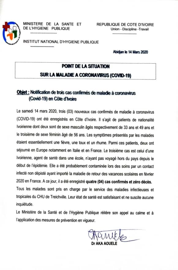 Notification de trois nouveaux cas confirmés de maladie à coronavirus en cote d'ivoire