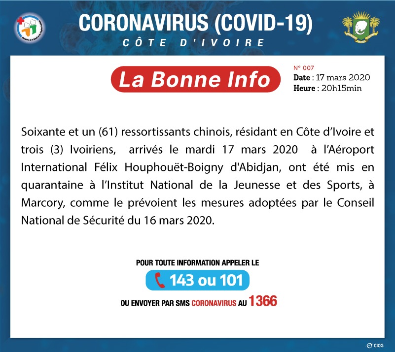 61 ressortissants chinois résidant en cote d'ivoire arrivés à l’aéroport d'Abidjan ont été mis quarantaine à l'INJS