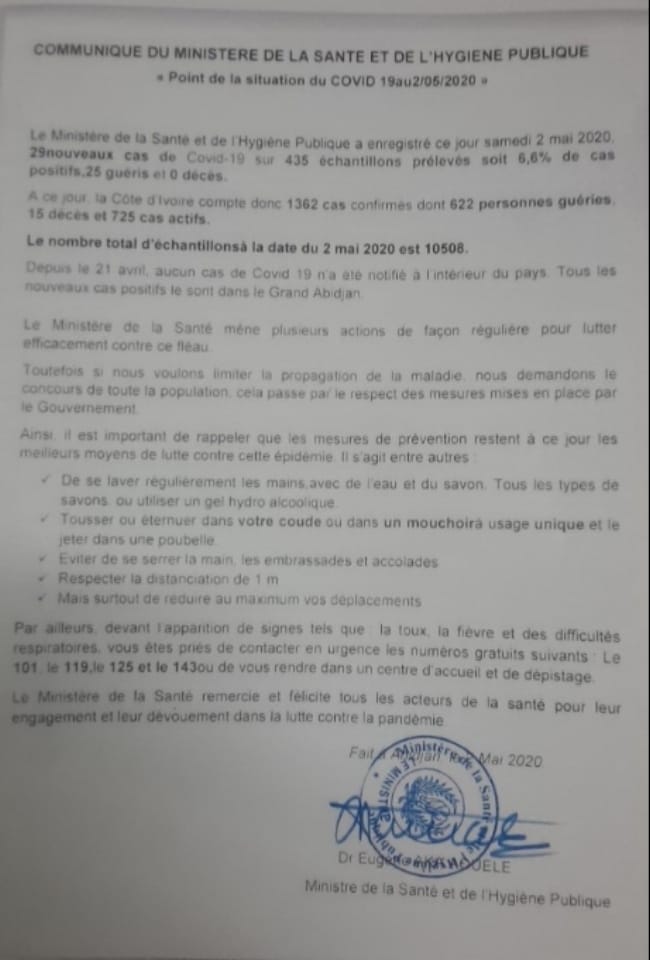 COVID -19: point de la situation de la maladie à coronavirus du 02 mai 2020.