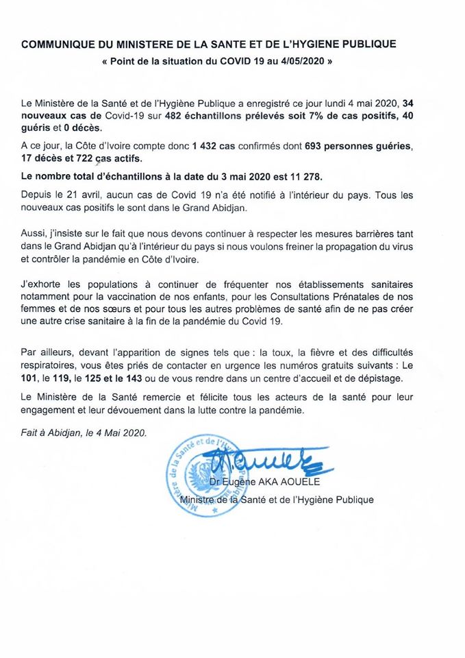 point de la situation de la maladie à coronavirus du 04 mai 2020.