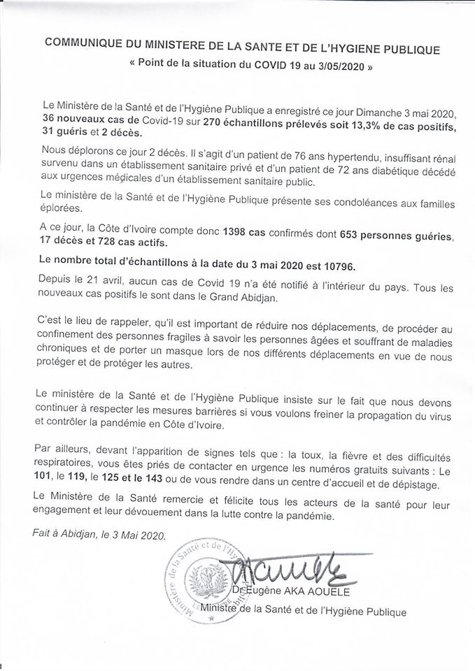 point de la situation de la maladie à coronavirus du 03 mai 2020.