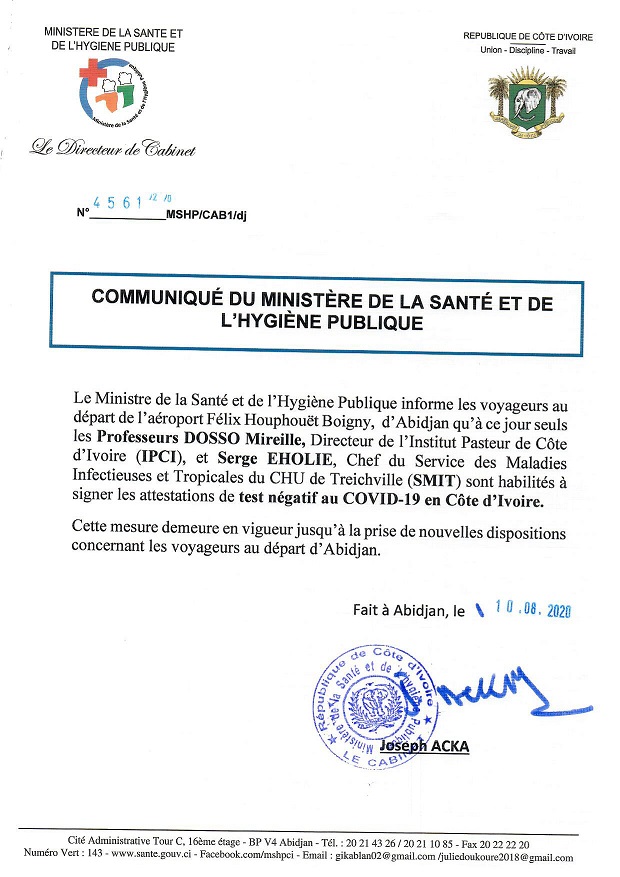 COVID-19 / AÉROPORT FHB:  Les personnes habilitées à signer les attestations de test négatif à la maladie à Coronavirus en Côte d'Ivoire.