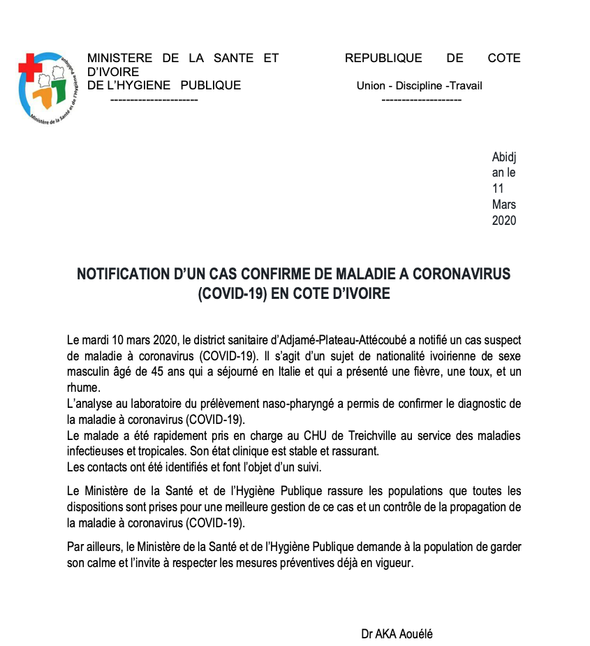 NOTIFICATION D'UN CAS CONFIRME DE MALADIE CORONAVIRUS (COVID 19) EN CÔTE D'IVOIRE