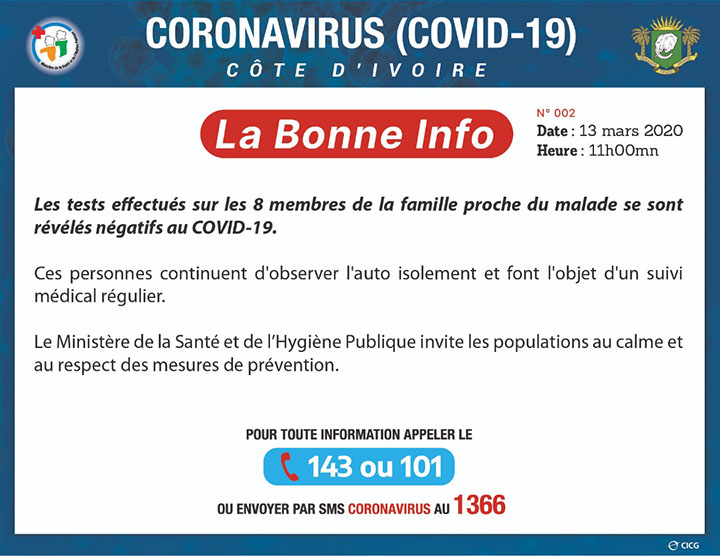 Coronavirus: les 8 membres de la famille de l'Ivoirien contaminé ont été déclarés négatifs aux différents tests.